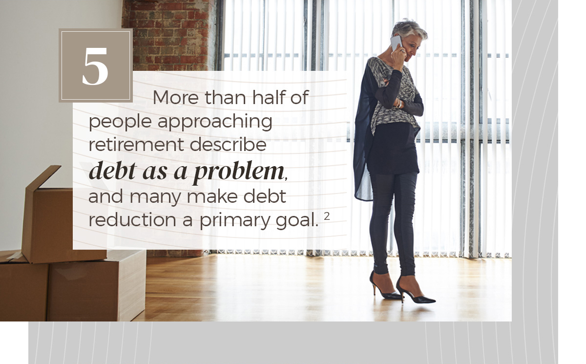 More than half of people approaching retirement describe debt as a problem, and many make debt reduction a primary goal. A comfortably yet elegantly dressed woman of mid-to-late middle age listens on a telephone while standing in a well-appointed apartment.