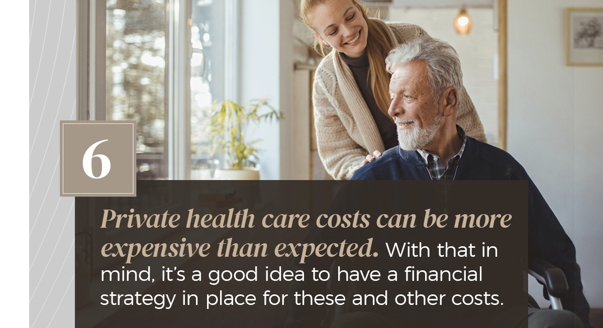 Private health care costs can be more expensive than expected. With that in mind, it’s a good idea to have a financial strategy in place for these and other costs. A young woman wearing a sweater smiles and walks behind a man of mid-to-late middle age in his wheelchair.